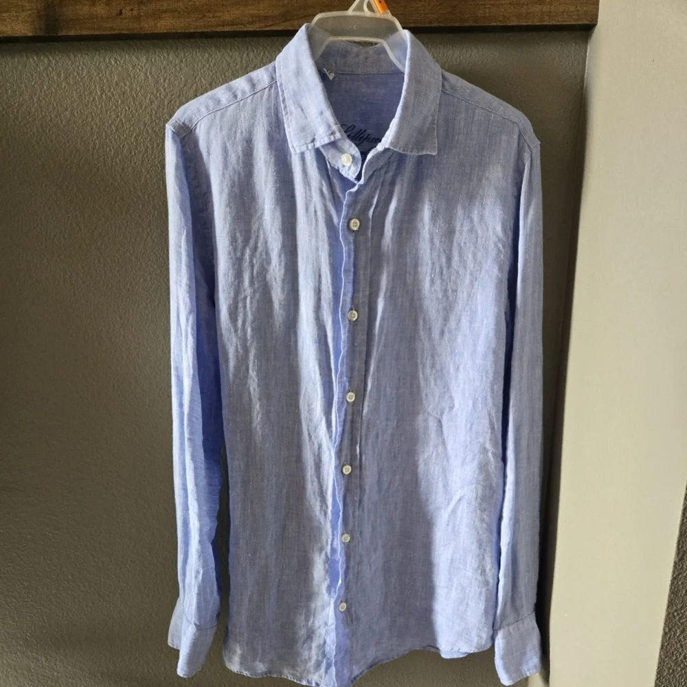 100% Italian Linen Youth Boy L 12 Blue Button Up Dress Shirt Natural Preppy Boat